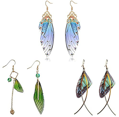 XHBTS 3 Paare Zikadenflügel Ohrringe Blaue Steine Der Tropfen der Flügel Temperament als Fee Teardrop Schmetterling Flügel Asymmetrische Farbverlauf Frauen Ohrringe