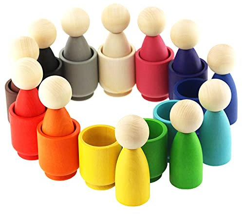 Ulanik Peg Puppen in Tassen Montessori Spielzeug Holz Sorter Spiel 12 GNOME 85mm Alter 3+ Farbe Sortierung und Zählen Peg Puppen Vorschule Lernen Bildung
