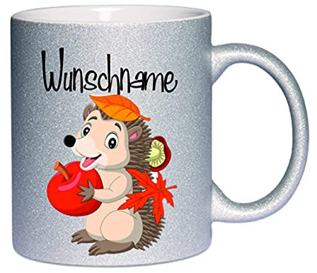 Glitzertasse (Silber) Igel (Wunschname) - Kaffeetasse, bedruckte Tasse mit Sprüchen oder Bildern, Bürotasse,