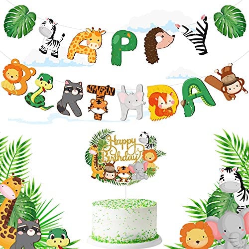2 Pieces Safari Animals Happy Birthday Banner Cupcake Topper Jungle Theme Birthday Supplies, Safari Birthday Decorations Safari Baby Shower Decorations for Two Wild Party Birthday Party Supplies