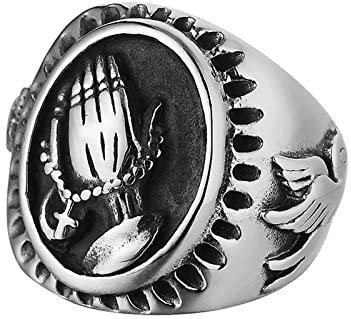 Gualiy Herrenring Edelstahl, Rocker Ringe Herren, Christ mit betenden Händen Verlobungsringaus Edelstahl 316L Silber Ringgröße 60 (19.1)