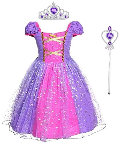 M MUNCASO Rapunzel - Vestito da principessa, con corona e bacchetta magica, per bambini, costume da cosplay, per l'estate, per feste e Halloween (3-4 anni)