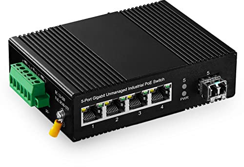Binardat Switch Ethernet Industriel Gigabit PoE Din Rail 5 Ports, 4 PoE IEEE802.3af/at, 1 Port SFP avec Module LC 20 km, avec Une Alimentation PoE 60W