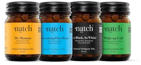 Natch Zahnpasta Tabletten 4er Set je 85 Tabs, Zahnputztabletten Set the Foursome mit vier gesunden Formeln, natürliches Schäumen, vegan & plastikfreie Zahnpasta ohne Fluorid als Alternative