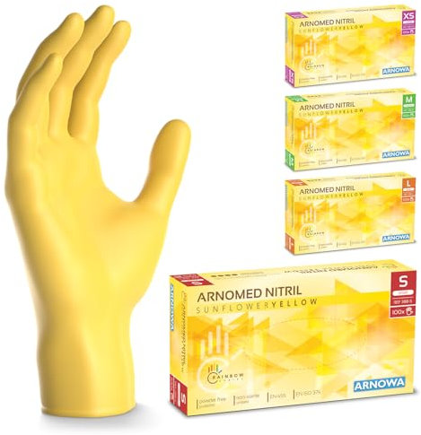 ARNOMED Einweghandschuhe Gelb 100 Stück/Box, Einmalhandschuhe S, Nitrilhandschuhe, Handschuhe Einweg puderfrei, latexfreie Gummihandschuhe, Einweghandschuhe in XS, S, M & L verfügbar