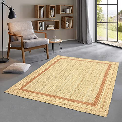 Taracarpet Jute Teppich Sisal Optik mit Bordüre Kurzflor Boho modern für Wohnzimmer Schlafzimmer nachhaltig Natur-Teppich Terracotta 240x340 cm
