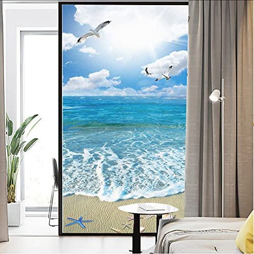 Lumanduo Window Film Privacy Static ClingSeaside Beach View Decorative Vinyl Non Adhesive Privacy Film Stained Glass Sticker for Bathroom Glass Door Window Tint 15.7x39.4(40x100cm)
