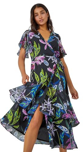 Roman Originals Frill Dress for Women UK Ladies Summer Wrap Chiffon Frill Hem Layered Belted Midi Maxi Tiered Cape Special Occasion Fit & Flare Wedding Guest Swing Skater - Black Multi - Size 12