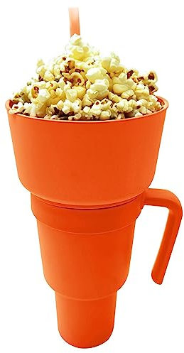 SHEETA Orange 32 oz Stadium Tumbler Popcorn Cup Snack Bowl Combo with Straw, 2 in 1 Cup Bowl, BPA-free Plastic, Reusable, Cup Holder-friendly Shape, Perfect for Travel, Movie Night, Sporting Event