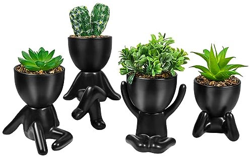 Durratou Lot de 4 mini pots noirs en céramique en forme d'humain pour décoration artisanale
