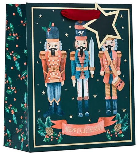 Design By Violet Merry Christmas Nutcracker Gift Bag with Red Handle and Star Gift Tag Xmas Gift Wrap Medium