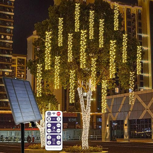 DINOWIN Solar LED Cluster Lichterkette 1.5M 360 LED Lichterkette Außen 3 Stränge Büschellichterkette Wasserdichte Meteorschauer Lichterkette für Weihnachtsbaum Party Garten (Warmes Weiß)