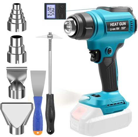 Pistola termica senza fili, pistola ad aria calda wireless per Makita 18 V, con accessori per schermo digitale fino a 550 °C, per tubi termoretraibili, saldatura, asciugatura (senza batteria e