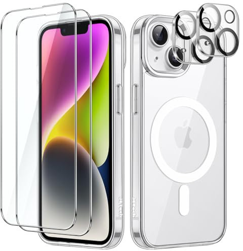 JETech 5 in 1 Magnetische Hülle für iPhone 14 6,1 Zoll mit 2 Stück Gehärtete Glas Schutzfolie und Kameraschutz, Kompatibel mit MagSafe, Stoßfeste Stoßfänger Handyhülle (Durchsichtig)
