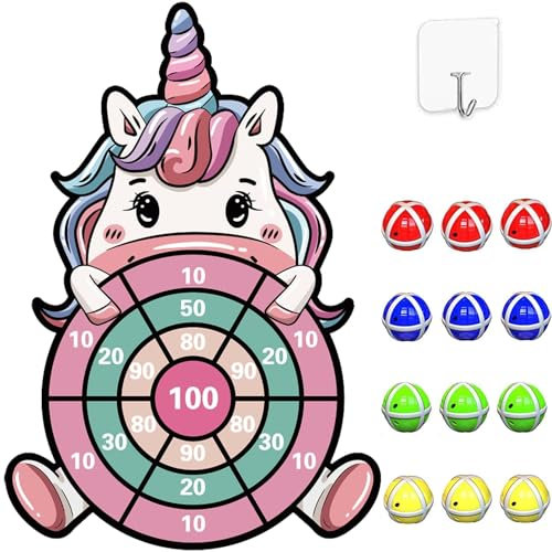TERJBG Einhorn Dartboard, Dart Spielzeug für Mädchen 3-9 Jahre, Klett Dartscheibe 63cm mit 12 Klebrigen Bällen, Indoor und Outdoor Dart Wurfspiel Set für Kinder