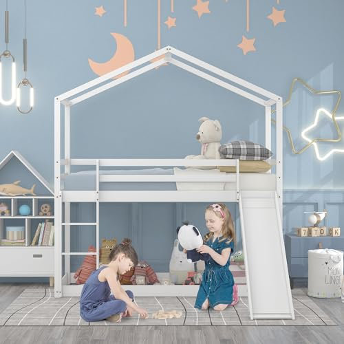 Lit enfant cabane 90 x 200 cm, lit superposé bas avec toboggan, cadre de lit superposé en bois massif avec sommier à lattes,White