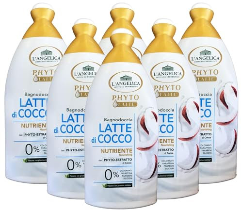 Bagnodoccia Phyto Latte, LATTE DI COCCO, Nutriente Con Phyto-Estratto Di Cocco. 0% Coloranti, Paraffina, Parabeni e Siliconi 500ml (6 Flaconi)