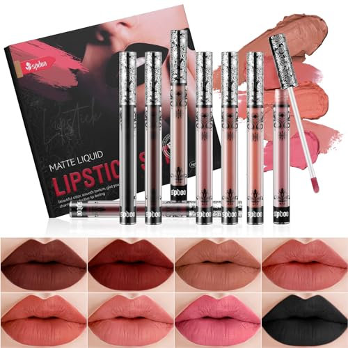 Greyghost 8 Farben Matt Lippenstift Set, Lipstick Set Nudetöne lip Stain Rot Schwarz,Lippenstift 24 Stunden Halt Lipgloss Set für Zum Muttertag Halloween Schminke