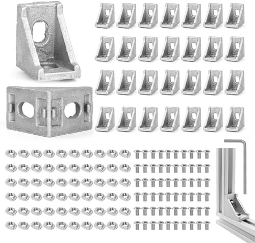 GROFIS 30 Pezzi Staffa Angolare in Alluminio, 28x28x20mm Staffa Giunto con 60 Bulloni 60 Noccioline 1 Chiavi Inglesi, 90 Gradi Staffa a Forma di L per Nut 6 20x20 Profilo in Alluminio Router CNC