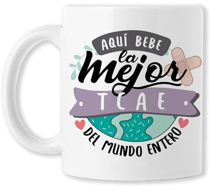 TEDEDIKO TCAE Chica Auxiliar Enfermería Taza original de café para regalar a trabajadora sanitaria con frase y dibujo - Aquí bebe la mejor TCAE del mundo entero | Cerámica blanca