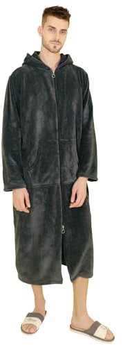 Herren-Bademantel mit Kapuze weicher Korallen-Fleece-Mikrofaser-Bademantel Herren-Plüsch-Flanell-Bademantel mit Reißverschluss Reißverschluss Liege-Bademantel Bademantel für Herren Grau Größe L