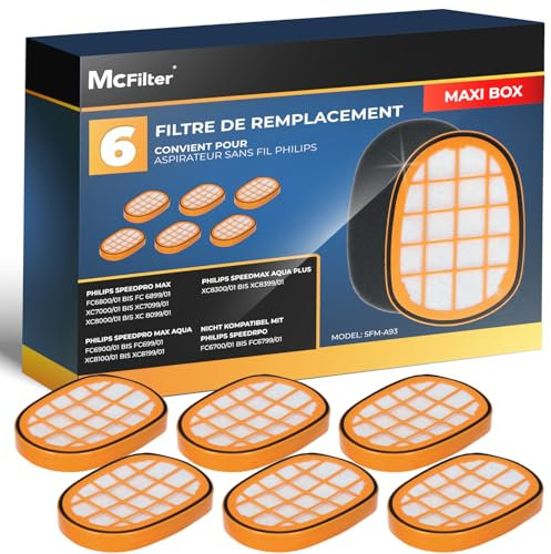 McFilter | 6 filtros adecuados para Philips FC5005/01 Speed Pro Max Aspirador sin cable Plus | 6000,7000,8000 | FC6812 FC6813 FC6822 FC6823 FC6826 FC6723/01 FC6901-FC6904 XC7042/01 XC8045/01 XC8147/01