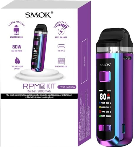 SMOK RPM 2 Pod Mod Kit mit 2000mAh Akku und 7ml Kapazität Seitliches Befüllsystem 80W Maximalleistung 1,14-Zoll-Bildschirm USB-Typ-C-Laden DL und MTL Vaping Prisma Regenbogen Kein Nikotin