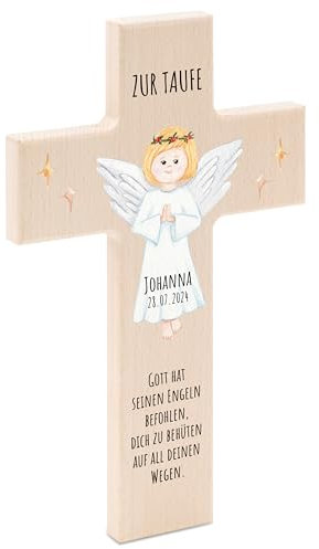 Bärenfreunde - Personalisiertes Taufkreuz mit hochwertigem Spezial-Druck aus massivem Buchenholz - Taufe Geschenk - Holzkreuz Taufe (Engel groß)
