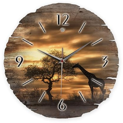 Kreative Feder Runde Wanduhr „Giraffe in Afrika“ aus Naturholz mit flüsterleisem Uhrwerk; Durchmesser 30cm (Giraffe in Afrika, leises Quarzuhrwerk)