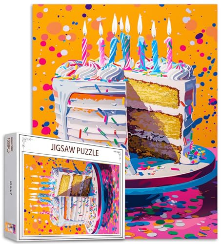 Birthday Cake Puzzles for Adults 1000 Pieces,Birthday Party Colorful Cake Puzzle Jigsaw Puzzles 1000 Pieces Happy Birthday Painting Puzzle,Blow Candles Hard Challenging Puzzles
