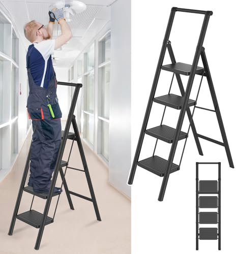 NAIZY Trittleiter 4 Stufen klappbar Tritt Kleine Leiter mit Breitem Trittbrett & Handlauf, Schwarz Klappleiter Metall Haushaltsleiter, Tragfähigkeit bis 270KG