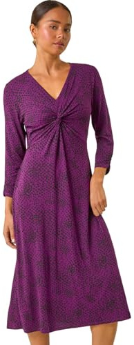 Roman Fit and Flare Dress for Women Ladies Chest Twist Knot Ruched Tea Skater Empire Waist Wedding Guest Smart Casual Swing Midi 3/4 Long Sleeve Knee Length