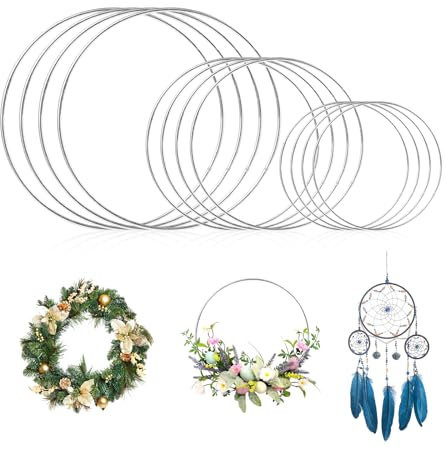 12 Stück metallringe zum basteln 10-15-20cm Drahtringe dekoringe zum hängen Traum fänger basteln dekoring Metallring für Weihnachtsdekoration DIY-Metallringe(Silber)