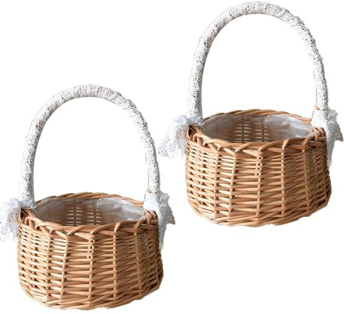 2 Piezas Cestas Mimbre con Asa, Boda Flor Cesta, Cesta de Paja, Cesta para Comuniones, Cestas Tejidas con Lazo, Cesta de Flores Tejida para Boda Ceremonia Fiesta, Decoración Del Jardín(Grande)