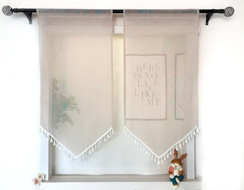 Daliena Panneaux de rideau de cuisine avec pompon - Aspect lin - Court - Translucide - Moderne - Pour petite fenêtre - (l x H x H) - 1 pièce