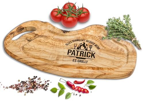 ROZTFYR Olivenholz Schneidebrett [+ PERSONALISIERT] Steakbrett | Grillbrett | Grill Geschenke für Männer | Grill Zubehör | Holz Schneidebrett Personalisierte Geschenke Männer | Holzbrett Gravur