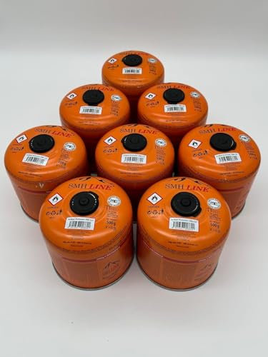SMH LINE® 8x 500g Schraubkartusche Butan Propan Gas Schraubventil Universalgewinde 7/16 Gaskartuschen Ventil EN 417 Bunsenbrenner Campingkocher Grill Gaskocher Gasheizung Lötbrenner (8 Kartuschen)