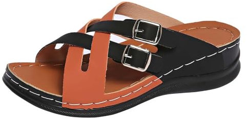 Sandali da donna con plateau con plantare, in pelle, per l'estate e il giardino, per il tempo libero, Colore: arancione., 42 EU