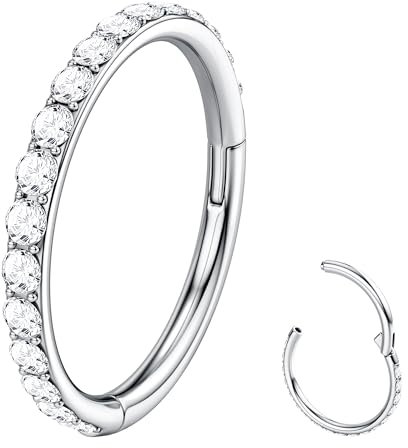 BodyBonita G23 Titanium CZ Nose Ring - Silver Color 16G Septum Rings Nose Hoop Cartilage Earring for Women Helix Rook Tragus Conch Piercing Jewellery Daith Snug with Cubic Zirconia 6 mm