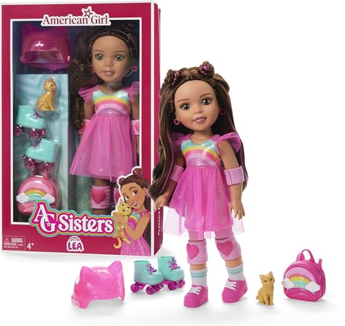 American Girl, AG Sisters Lea Puppe mit Haselaugen, langes gewelltes braunes Haar mit Hot-Pink Highlights, 36,8 cm, ab 4 Jahren