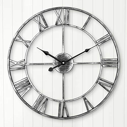 ARVINKEY Silent Large Wall Clock, European Farmhouse Vintage Clock with Roman Numerals, 60cm Non-Ticking Battery Operated Metal Skeleton Decorative for Home Kitchen (Silver)