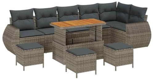 vidaXL 10-teiliges Garten-Sofa-Set mit Kissen in Grau aus Poly-Rattan und einem Tisch aus Akazienholz. Bequeme Outdoor-Sitzgelegenheit für die Terrasse oder den Garten, mit wetterfesten Kissen.