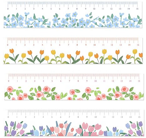 Niedliches Acryl-Lineal 15 cm – 4 Stück Set, Acryl Lineale Blumen-Muster, Transparentes 15 cm Kleines Lineal für Schule, Zuhause & Büro Niedliches Lineal für Grundschule & Schulbedarf