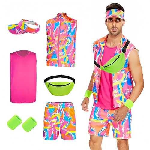 AKFJDLAD 80er 90er Jahre Herren Workout Kostüm Outfit Retro Neon Cosplay Bademode Set mit Zubehör Hut Hüfttasche Handgelenkschutz (M)