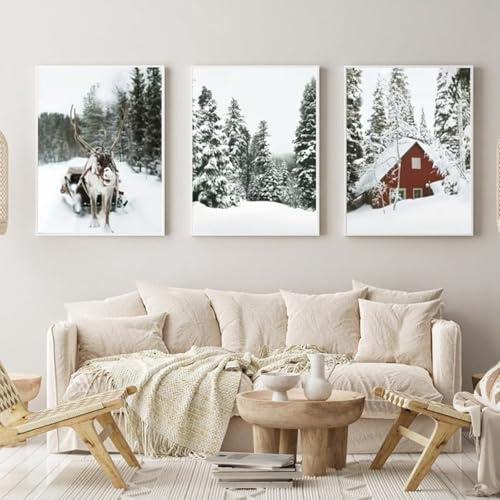 Moderne Schneelandschaft Kunst Dekoration,Weihnachtshirsch im Winter, Wandbild Poster Set für Wohnzimmer und Schlafzimmer, Weihnachtsdeko ohne Rahmen (Stil 10, 50x70cm*3)