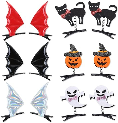 YiiHHooN Horquillas para el Pelo de Halloween, 12 Unidades Horquillas Halloween, Horquilla con Forma de con Alas de Murciélago Gato Calabaza Fantasma Adornos para Accesorios Mujer