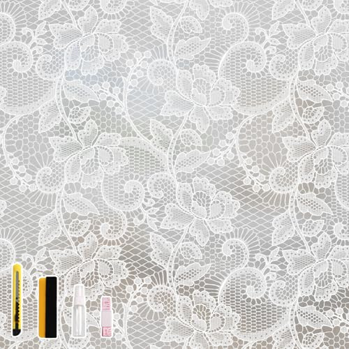 NINETREX Window Privacy Film, Frosted White Lace Window Cling, 17.5x78.7 | Stained Glass Design, Static Cling Removable, Sun Blocking, Decorative Tint, Privacy Decal, for Home Doors Office