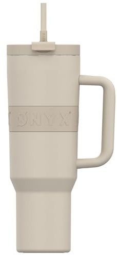 ONYX Trinkflasche mit Deckel und Strohhalm - 1L Thermoskanne auslaufsicher, Kaffeebecher to go, für heiße und kalte Getränke, BPA-frei, Edelstahl Isolierbecher mit Henkel, Thermobecher Sand Beige