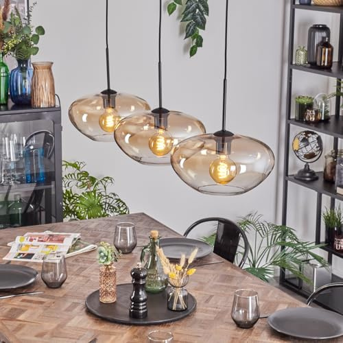 HOFSTEIN Hängeleuchte Mertola, 3-flammige Hängelampe aus Metall/Glas in Schwarz/Bernsteinfarben/Klar, moderne Pendelleuchte im Retro/Vintage-Design (Schirme Ø 30 cm), E27, Esszimmer, Küche, Wohnzimmer