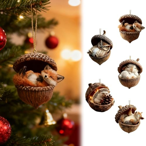 5 Stück Weihnachtsbaumschmuck, Waldtier Eichels Ornamente, Acryl 2D Tier Hängenden Weihnachtsschmuck Anhänger, Eicheln Tannenzapfen Christbaumschmuck, Vintage Weihnachtsdeko für Baum & Wohnzimmer